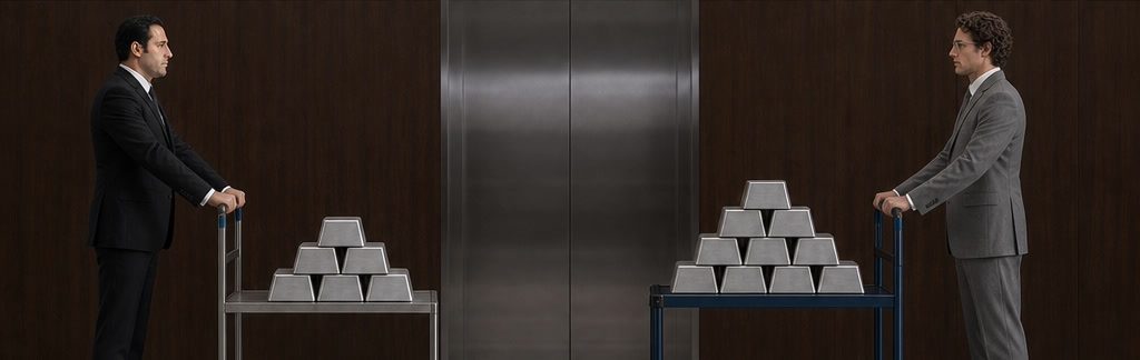 Two carts of silver at two elevators