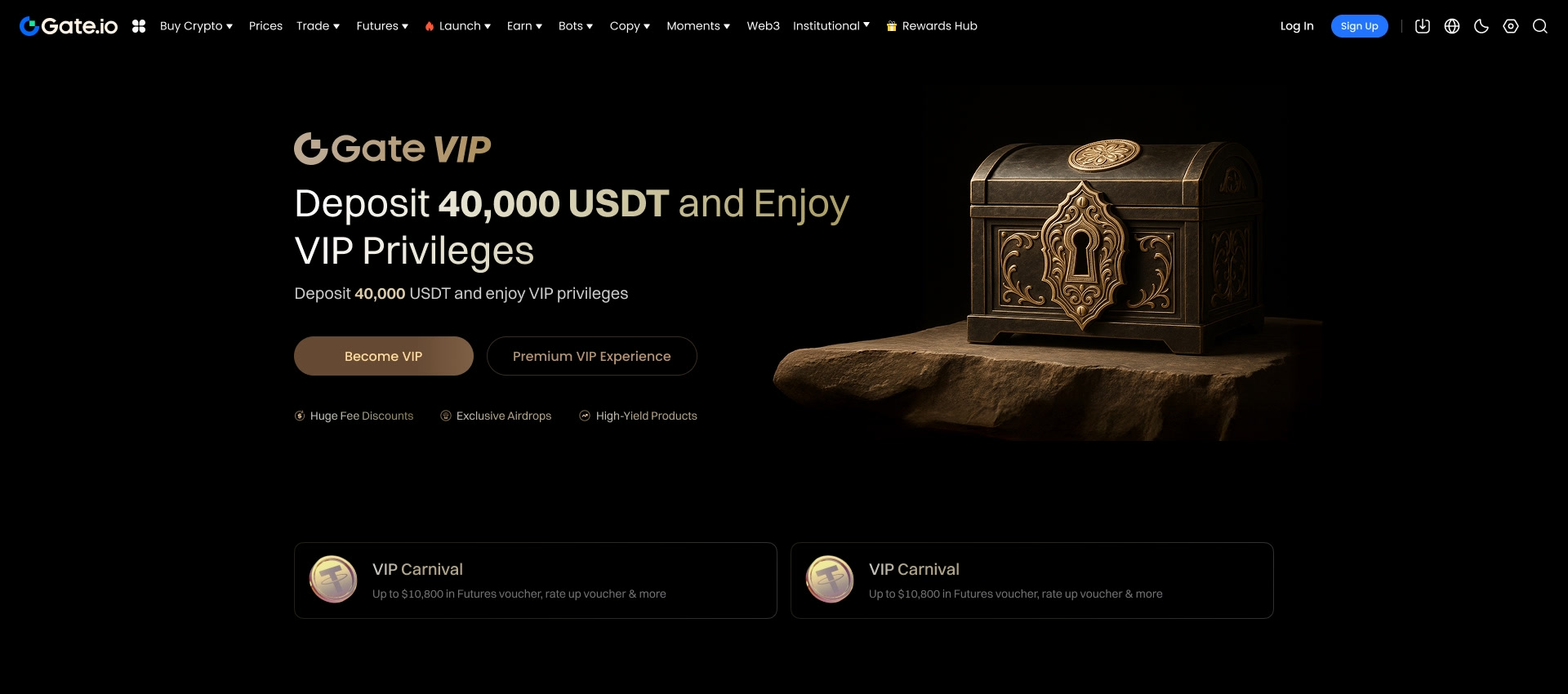 VIP landing page with treasure chest hero